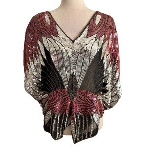 Vintage Dominique Black and Pink Sequin Butterfly Top